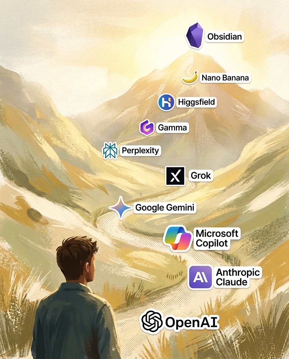 Geschilderd berglandschap: een wandelaar kijkt omhoog langs een kronkelend pad met de logo's van AI-tools onderweg en Obsidian op de top
