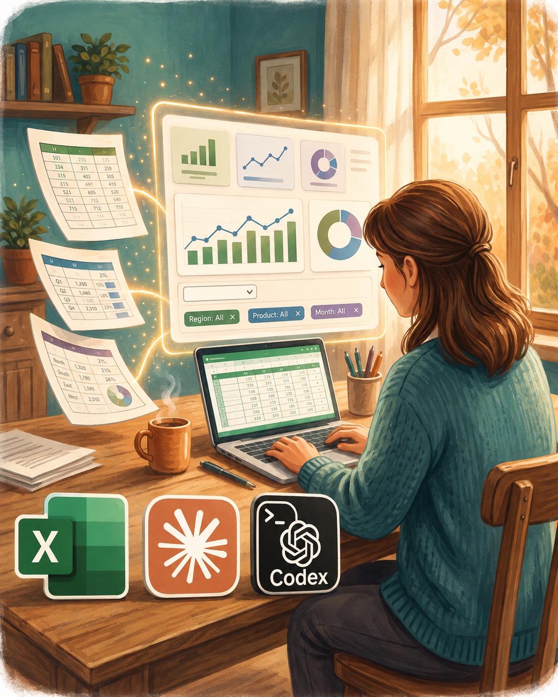 Geschilderde werkplek waar Excel-bestanden een interactief dashboard met filters vormen, met grote Excel-, Claude- en Codex-logo’s op het bureau